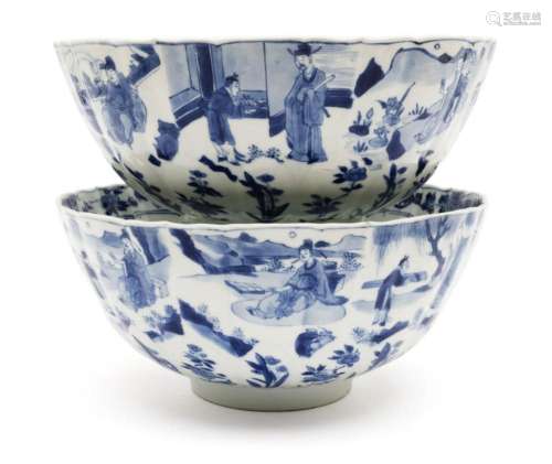 A pair of large blue and white 'Scholar' bowls