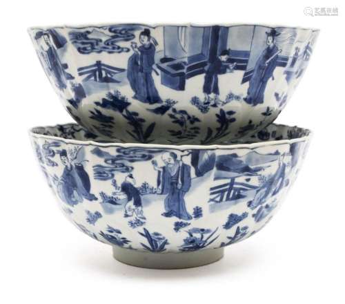 A pair of large blue and white 'Scholar' bowls