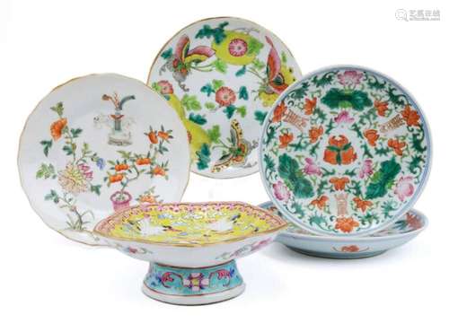 Four famille rose saucers and a small tazza