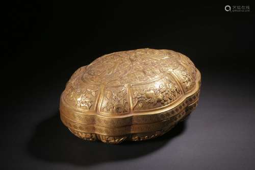 铜鎏金錾刻凤纹盖盒