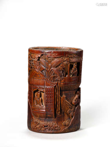 carved bamboo figure story brush pot 