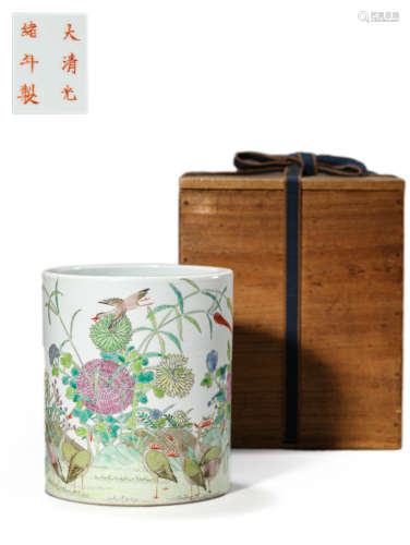 Famille rose bird and flower brush pot, guangxu mark 