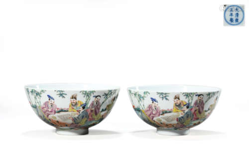 A pair of famille rose figure and story bowls, yongzheng mar...