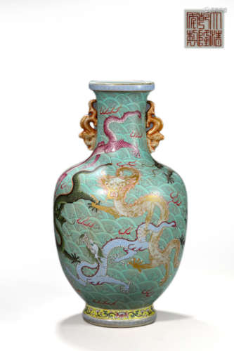 Turquoise green ground dragon in waves chi-dragon ears vase,...