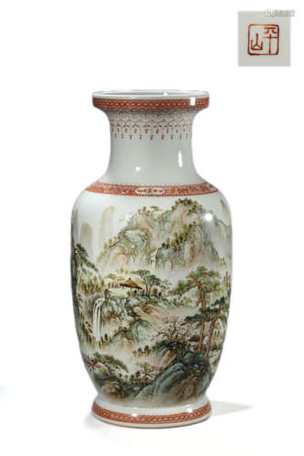 Qianjiang enamelled landscape inscribed vase, pingshan mark