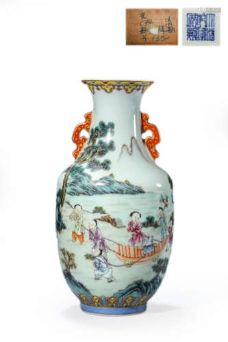 Famille rose boys playing double ears vase, qianlong mark 