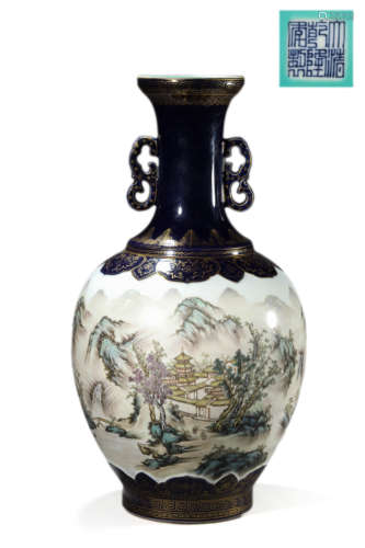 Sacrificial blue gold-decoration famille rose landscape vase...