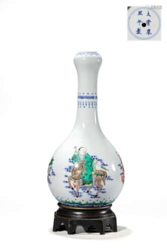 Wucai Figure and story gralic0head bottle vase, kangxi mark