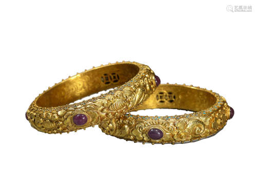 Pair of Inlaid Gold Bangles