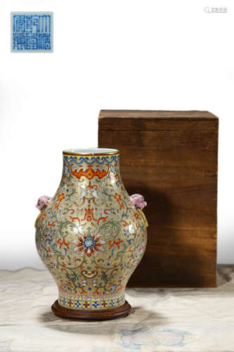 Famille Rose Lotus Lion-Eared Vase, Qianlong Mark