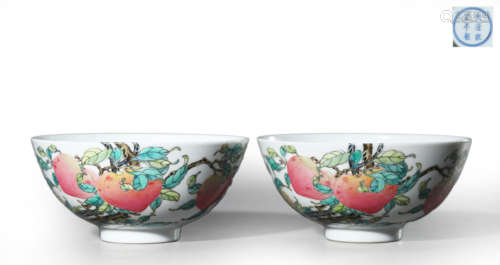 Pair of Famille Rose Peaches Bowl, Yongzheng Mark