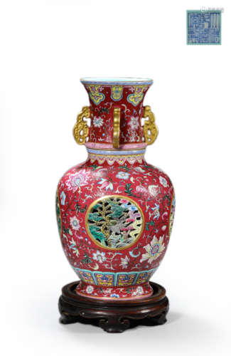 Rouge-Red Glaze Crane and Pine Vase, Qianlong Mark