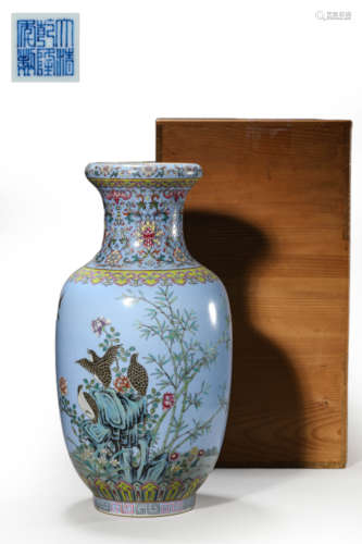 Blue ground flower and bird vase, qianlong mark  