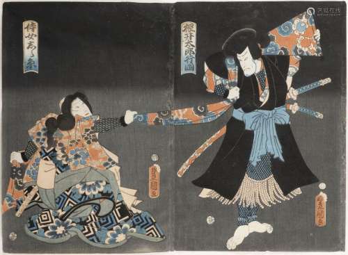 歌川国貞 歌舞伎人物一组两件 镜框