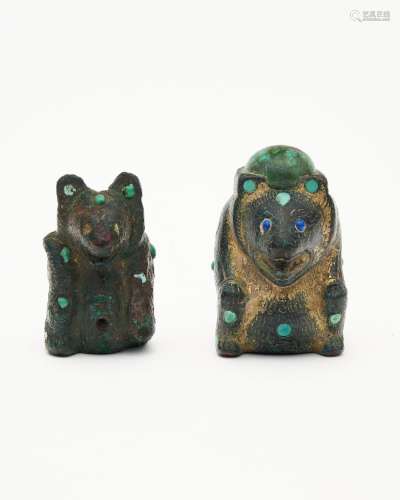 Two associated turquoise-inlaid gilt-bronze 'bear' f...