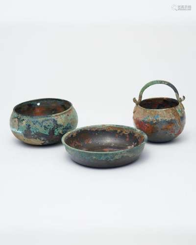 A suite of three small 'white bronze' vessels Tang d...