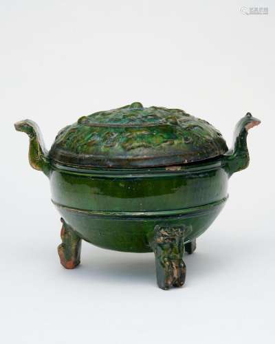 A green-glazed pottery tripod ding and cover Han dynasty