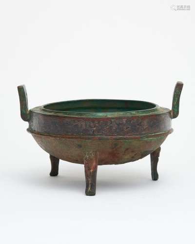 A bronze tripod 'bear foot' censer with silver inlay...