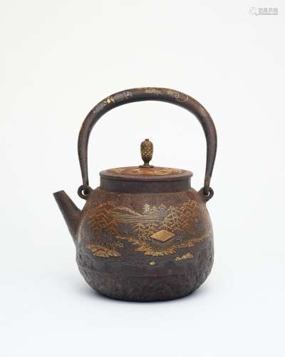 An iron kettle with gold and silver inlays, Tetsubin Kinzoud...