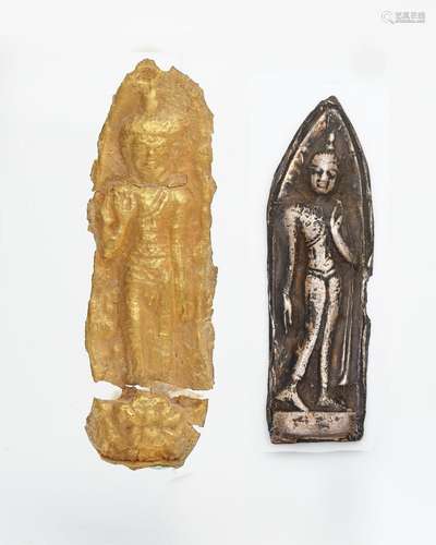 A gold and a silver repousse images of the Buddha Pyu, Burma...