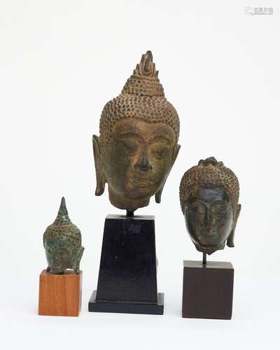 Three bronze heads of Buddha Sukhothai period (1250 to 1438)...