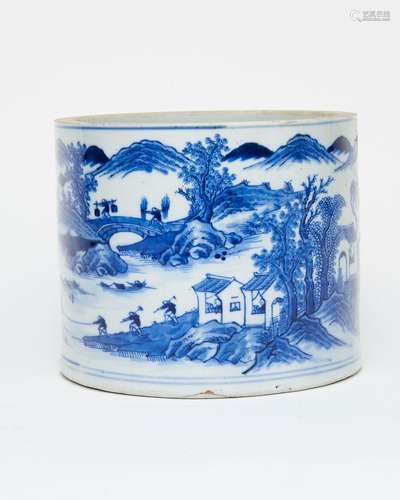 A blue and white 'landscape' brushpot Late Qing to R...