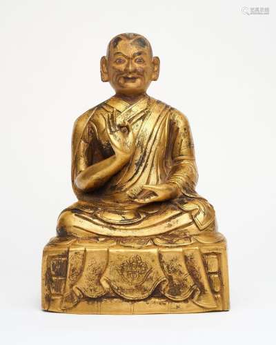 A bronze repoussé figure of Lama Tibet, 18th century