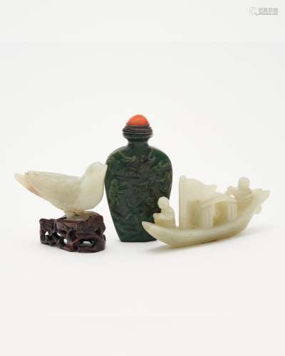 Three white and spinach jade carvings Qing dynasty to Republ...