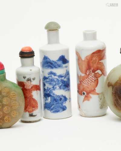 Three ceramic snuff bottles Late Qing dynasty to Republic pe...