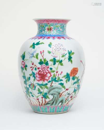 A famille-rose 'peony' vase Iron red 'CHINA'...