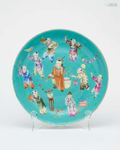 A turquoise-ground famille rose 'children' charger J...