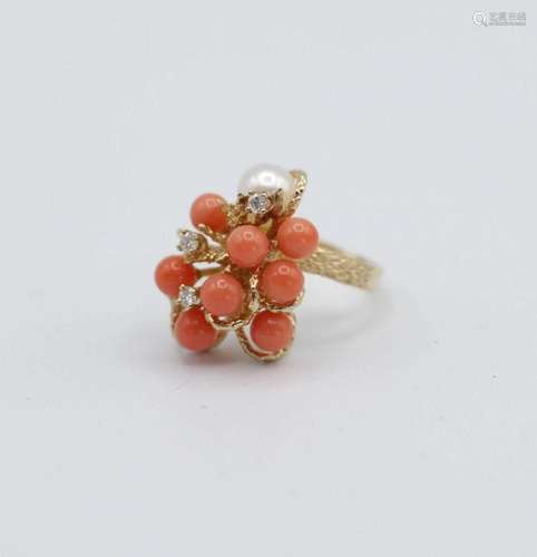 A lady's 14kt yellow gold, pink coral, diamond and pearl din...