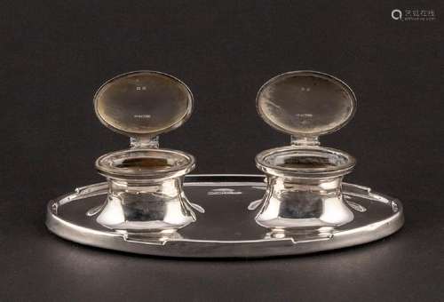 A sterling silver inkwell of oval form, 2 x 8 x 4 in. (5.08 ...