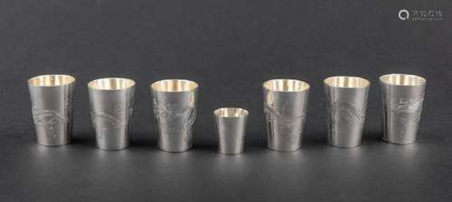 A set of six Chinese export silver dragon cups