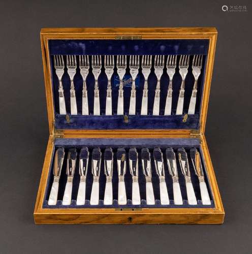 A cased set of twelve mother of pearl handled fish knives an...