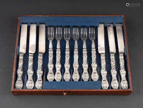 A set of six sterling silver handled knives and forks by Ric...