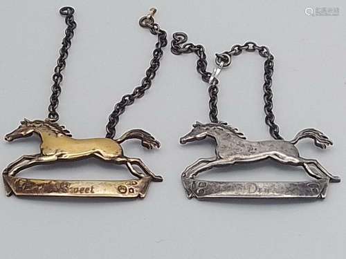 Two French silver wine labels in the form of running horses