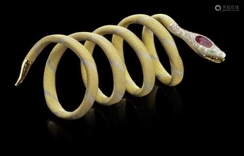 Bracelet articulé à motif de serpent, aux yeux sertis d'émer...
