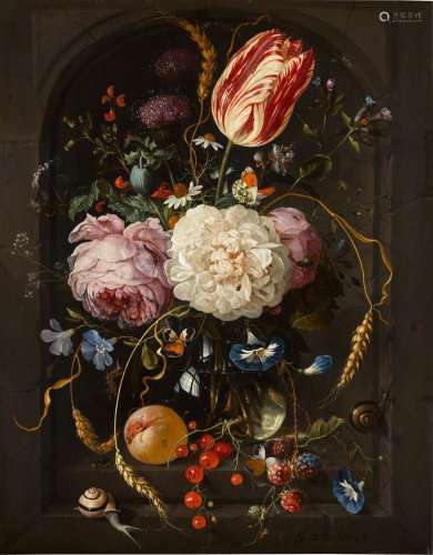 Still life of flowers in a glass vase with insects and fruit...