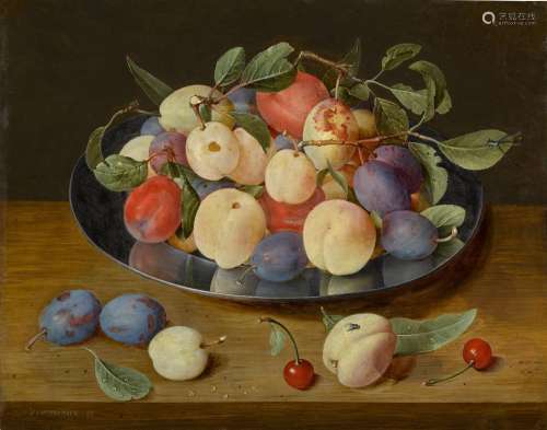 Still life of plums and peaches on a pewter plate, with plum...