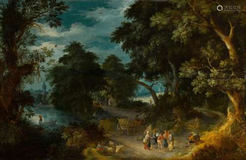 A wooded river landscape with travellers and peasants on a p...