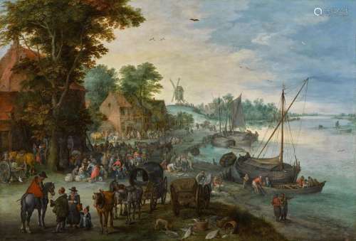 A wooded river landscape with a fish market and fishing boat...