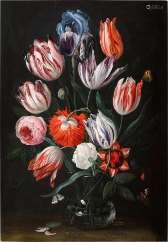 Still life of tulips, roses, poppy anemones and an iris in a...