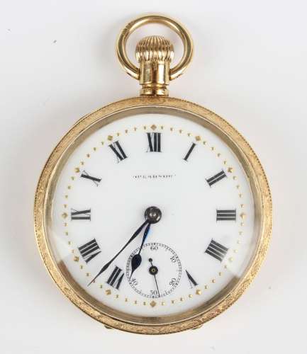 An 18ct gold cased keyless wind open-faced lady's fob watch,...