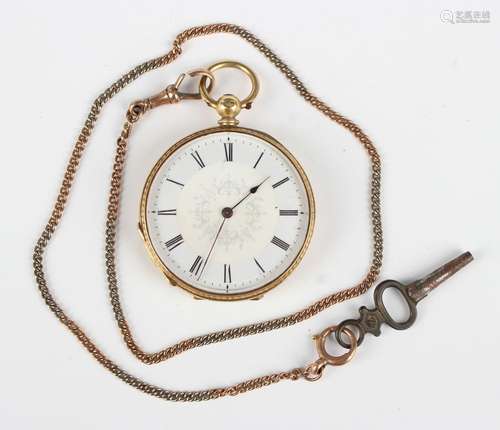 An 18ct gold keywind open-faced fob watch with unsigned jewe...