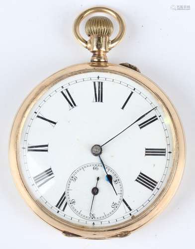 A gold cased keyless wind open-faced gentleman's pocket watc...