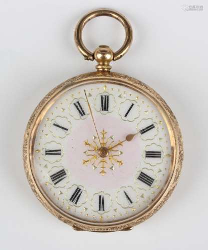 A 14ct gold keywind open-faced lady's fob watch with gilt th...