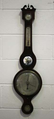 A George III mahogany wheel barometer with silvered dials, h...