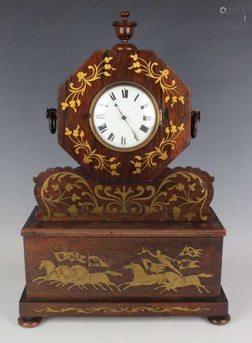 A Victorian rosewood and brass inlaid mantel timepiece, the ...