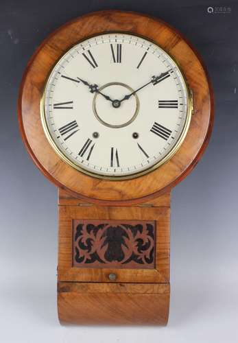 A late 19th century American walnut drop dial wall clock wit...